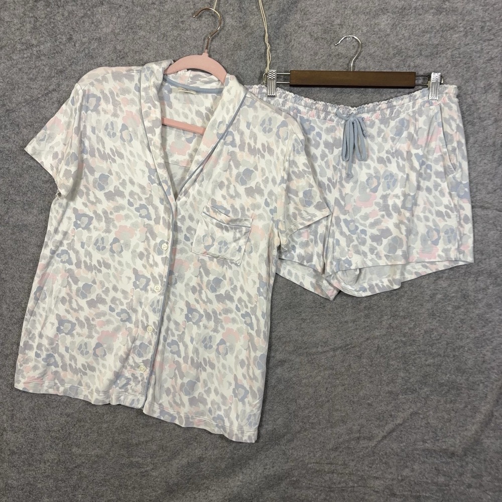 Soma Pajama Short Set Womens Sz M Blue Gray Pink Leopard Stretch